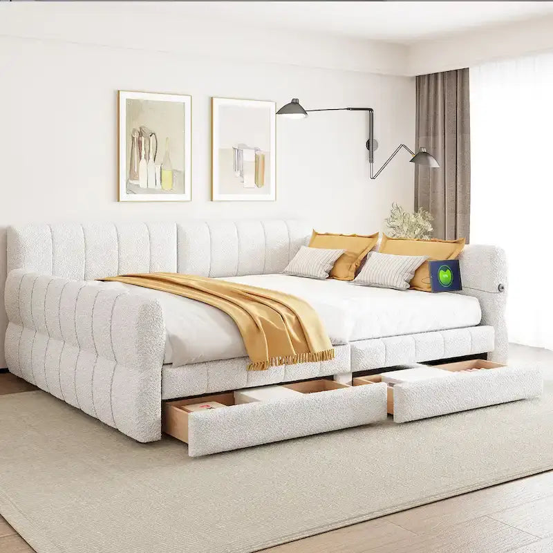 Upholstered Queen Size Daybed Sofa Bed with USB Ports and 2 Drawers - Vertical Stripes Recliner Loveseat Chaise Lounge - Image 2