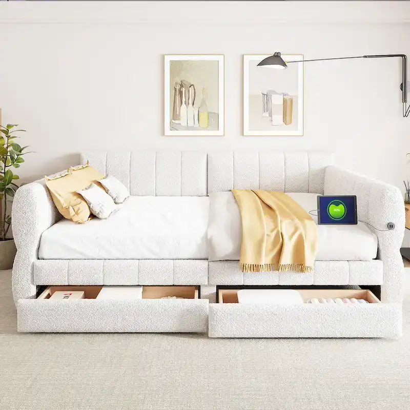 Upholstered Queen Size Daybed Sofa Bed with USB Ports and 2 Drawers - Vertical Stripes Recliner Loveseat Chaise Lounge - Image 3