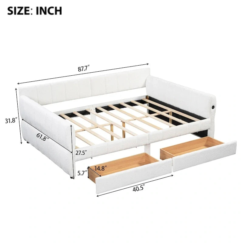 Upholstered Queen Size Daybed Sofa Bed with USB Ports and 2 Drawers - Vertical Stripes Recliner Loveseat Chaise Lounge - Image 4