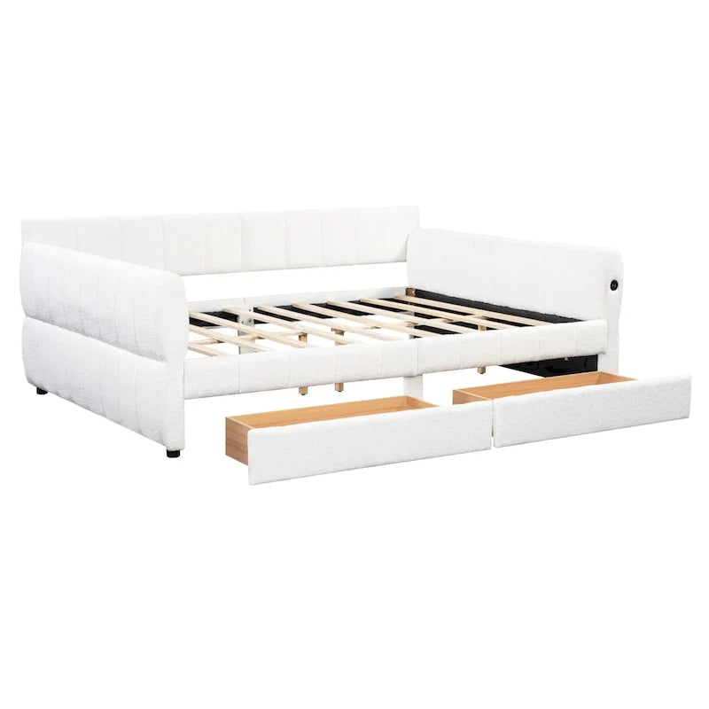 Upholstered Queen Size Daybed Sofa Bed with USB Ports and 2 Drawers - Vertical Stripes Recliner Loveseat Chaise Lounge - Image 5