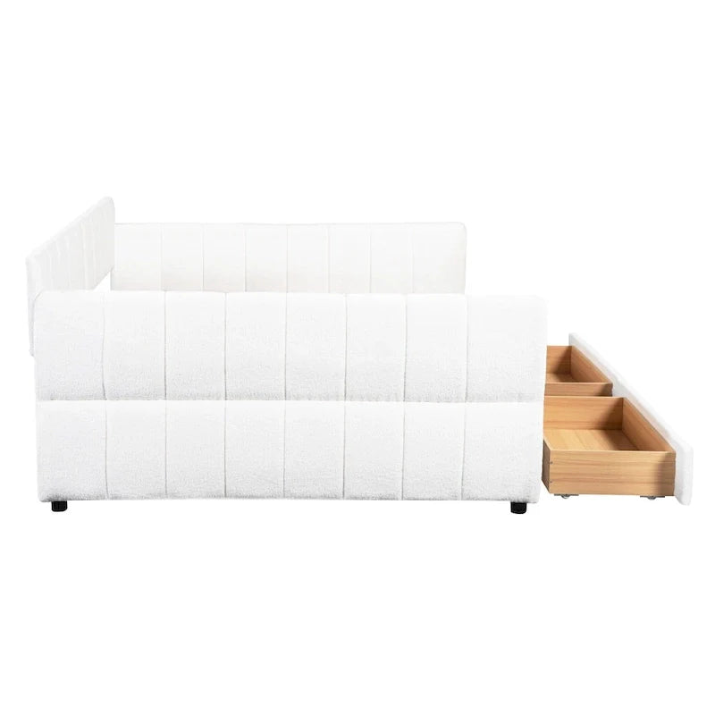 Upholstered Queen Size Daybed Sofa Bed with USB Ports and 2 Drawers - Vertical Stripes Recliner Loveseat Chaise Lounge - Image 7