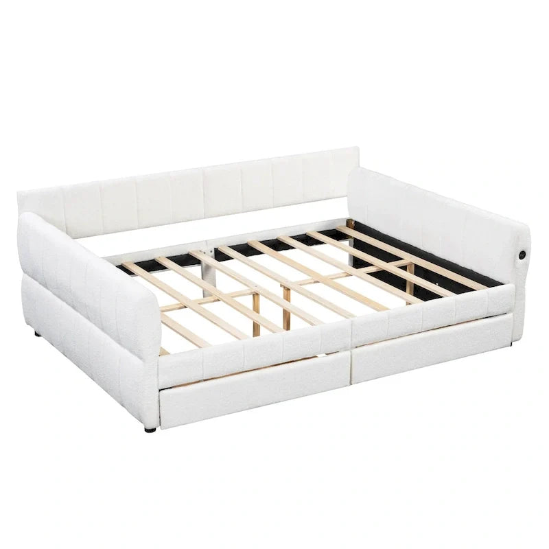 Upholstered Queen Size Daybed Sofa Bed with USB Ports and 2 Drawers - Vertical Stripes Recliner Loveseat Chaise Lounge - Image 8