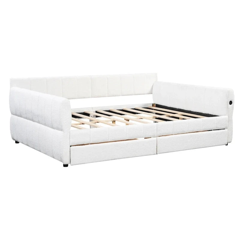 Upholstered Queen Size Daybed Sofa Bed with USB Ports and 2 Drawers - Vertical Stripes Recliner Loveseat Chaise Lounge - Image 9
