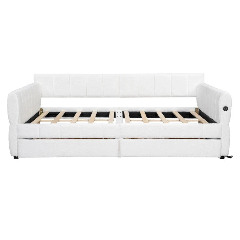 Upholstered Queen Size Daybed Sofa Bed with USB Ports and 2 Drawers - Vertical Stripes Recliner Loveseat Chaise Lounge - Image 10