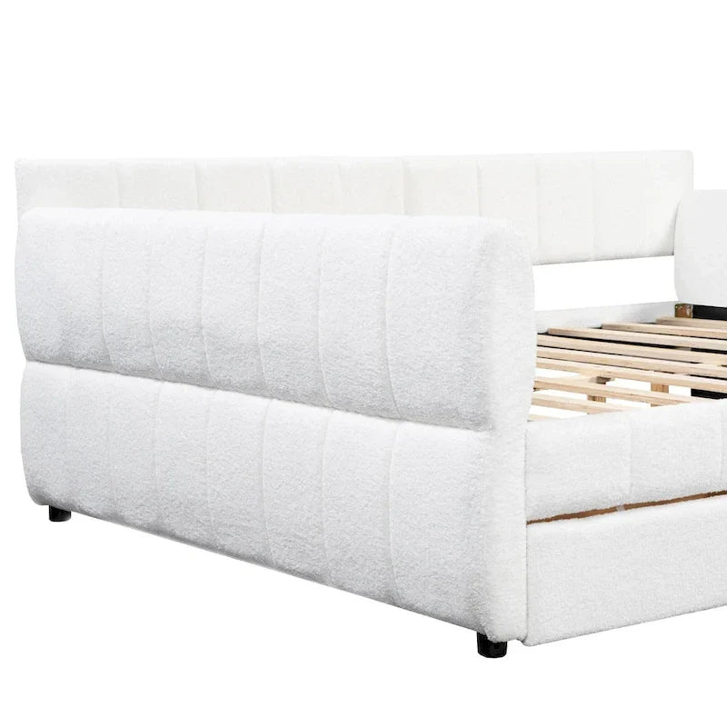 Upholstered Queen Size Daybed Sofa Bed with USB Ports and 2 Drawers - Vertical Stripes Recliner Loveseat Chaise Lounge - Image 11