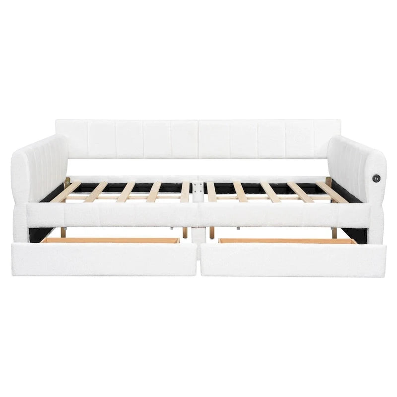 Upholstered Queen Size Daybed Sofa Bed with USB Ports and 2 Drawers - Vertical Stripes Recliner Loveseat Chaise Lounge - Image 13