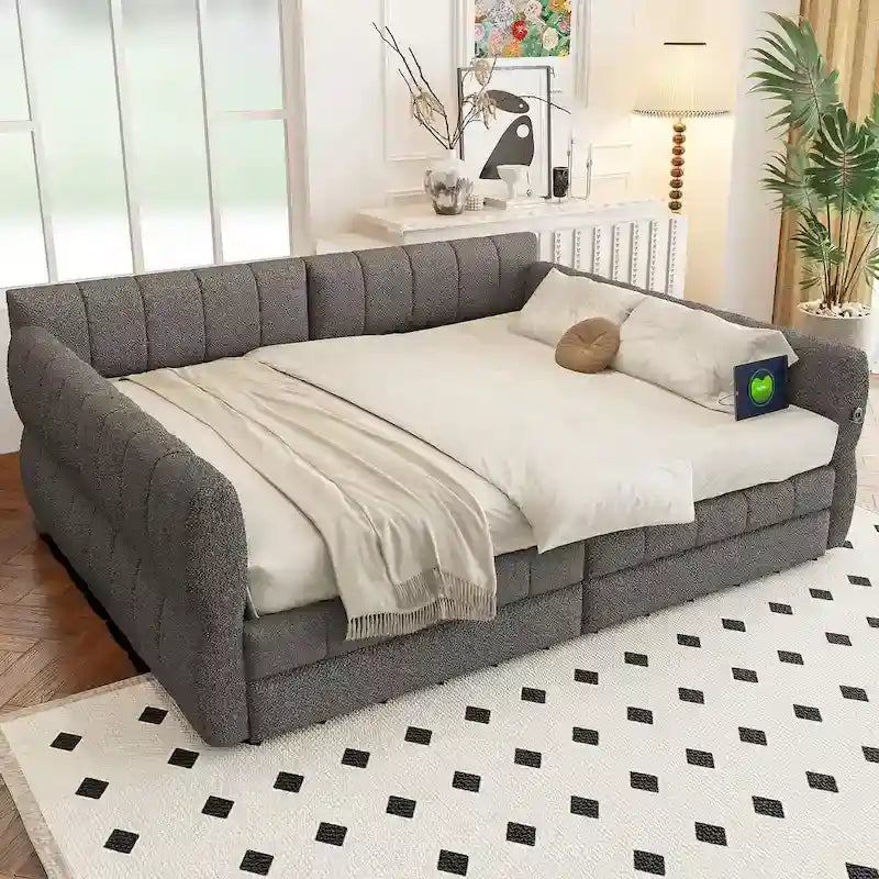 Upholstered Queen Size Daybed Sofa Bed with USB Ports and 2 Drawers - Vertical Stripes Recliner Loveseat Chaise Lounge - Image 15