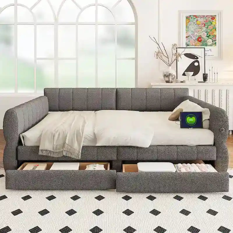 Upholstered Queen Size Daybed Sofa Bed with USB Ports and 2 Drawers - Vertical Stripes Recliner Loveseat Chaise Lounge - Image 16