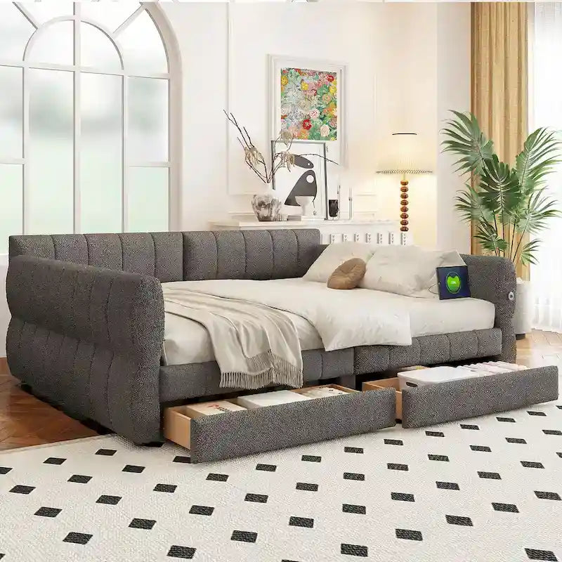Upholstered Queen Size Daybed Sofa Bed with USB Ports and 2 Drawers - Vertical Stripes Recliner Loveseat Chaise Lounge - Image 17