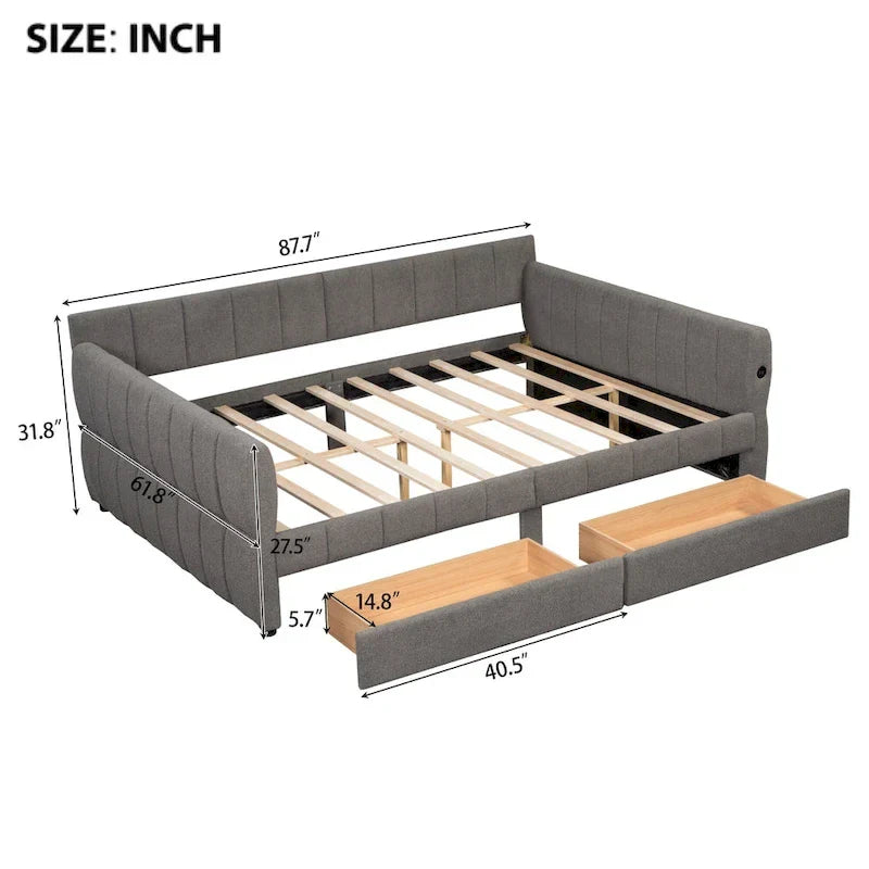 Upholstered Queen Size Daybed Sofa Bed with USB Ports and 2 Drawers - Vertical Stripes Recliner Loveseat Chaise Lounge - Image 18