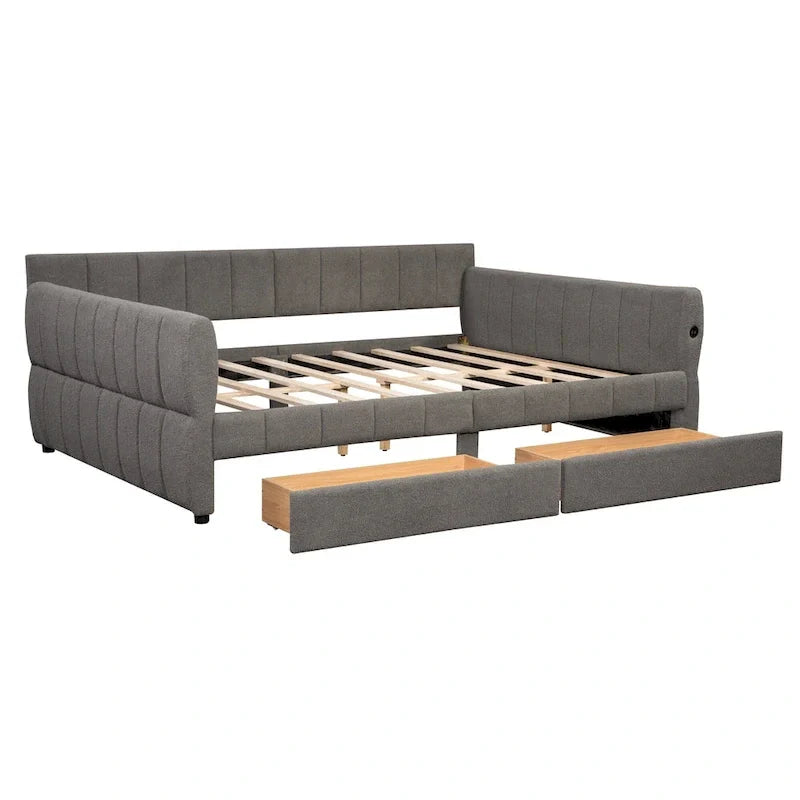 Upholstered Queen Size Daybed Sofa Bed with USB Ports and 2 Drawers - Vertical Stripes Recliner Loveseat Chaise Lounge - Image 20