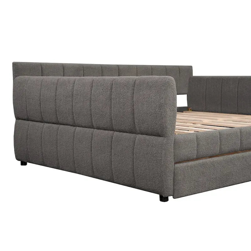 Upholstered Queen Size Daybed Sofa Bed with USB Ports and 2 Drawers - Vertical Stripes Recliner Loveseat Chaise Lounge - Image 22