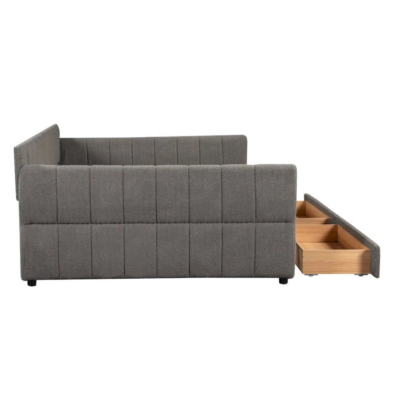 Upholstered Queen Size Daybed Sofa Bed with USB Ports and 2 Drawers - Vertical Stripes Recliner Loveseat Chaise Lounge - Image 23