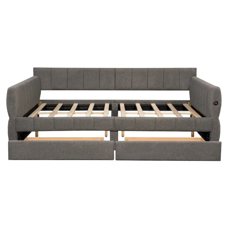 Upholstered Queen Size Daybed Sofa Bed with USB Ports and 2 Drawers - Vertical Stripes Recliner Loveseat Chaise Lounge - Image 24