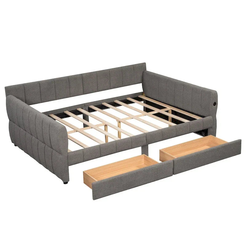 Upholstered Queen Size Daybed Sofa Bed with USB Ports and 2 Drawers - Vertical Stripes Recliner Loveseat Chaise Lounge - Image 25