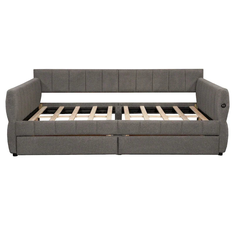 Upholstered Queen Size Daybed Sofa Bed with USB Ports and 2 Drawers - Vertical Stripes Recliner Loveseat Chaise Lounge - Image 26