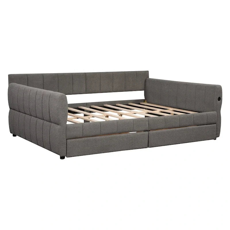 Upholstered Queen Size Daybed Sofa Bed with USB Ports and 2 Drawers - Vertical Stripes Recliner Loveseat Chaise Lounge - Image 27