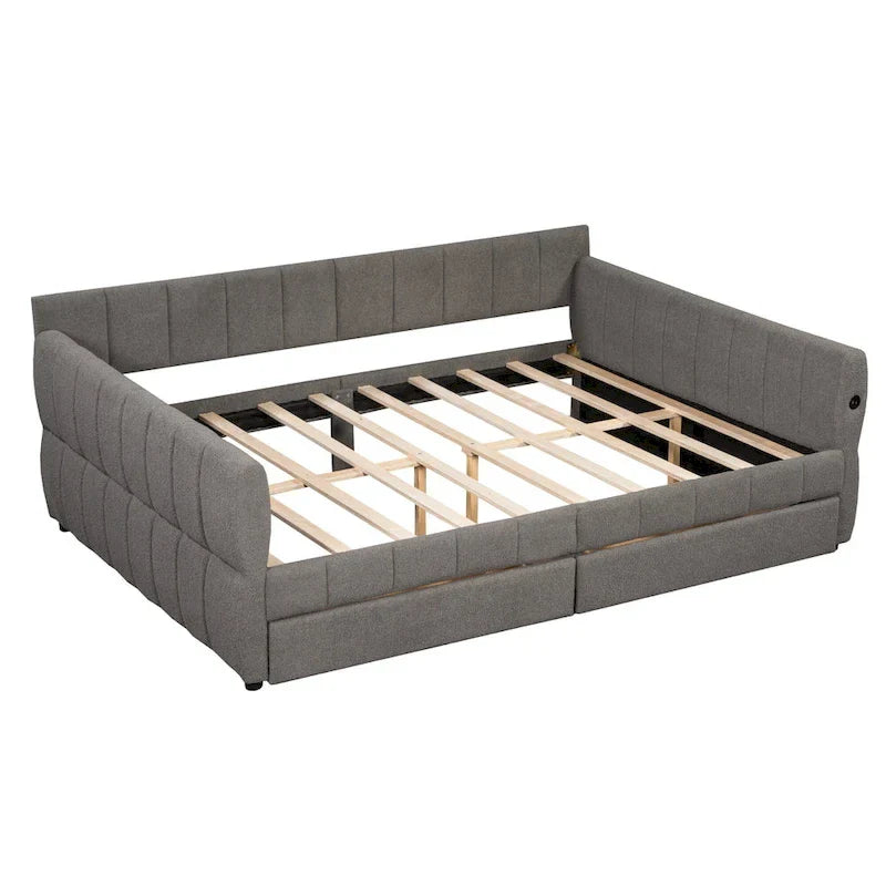 Upholstered Queen Size Daybed Sofa Bed with USB Ports and 2 Drawers - Vertical Stripes Recliner Loveseat Chaise Lounge - Image 28