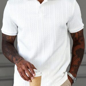 HUEFORM Men's White Geometric Striped Textured Casual Polo Shirt Polos For Men Men Clothes Men Polo Shirts Polo Shirts For Men Collar Polo T Shirt Men