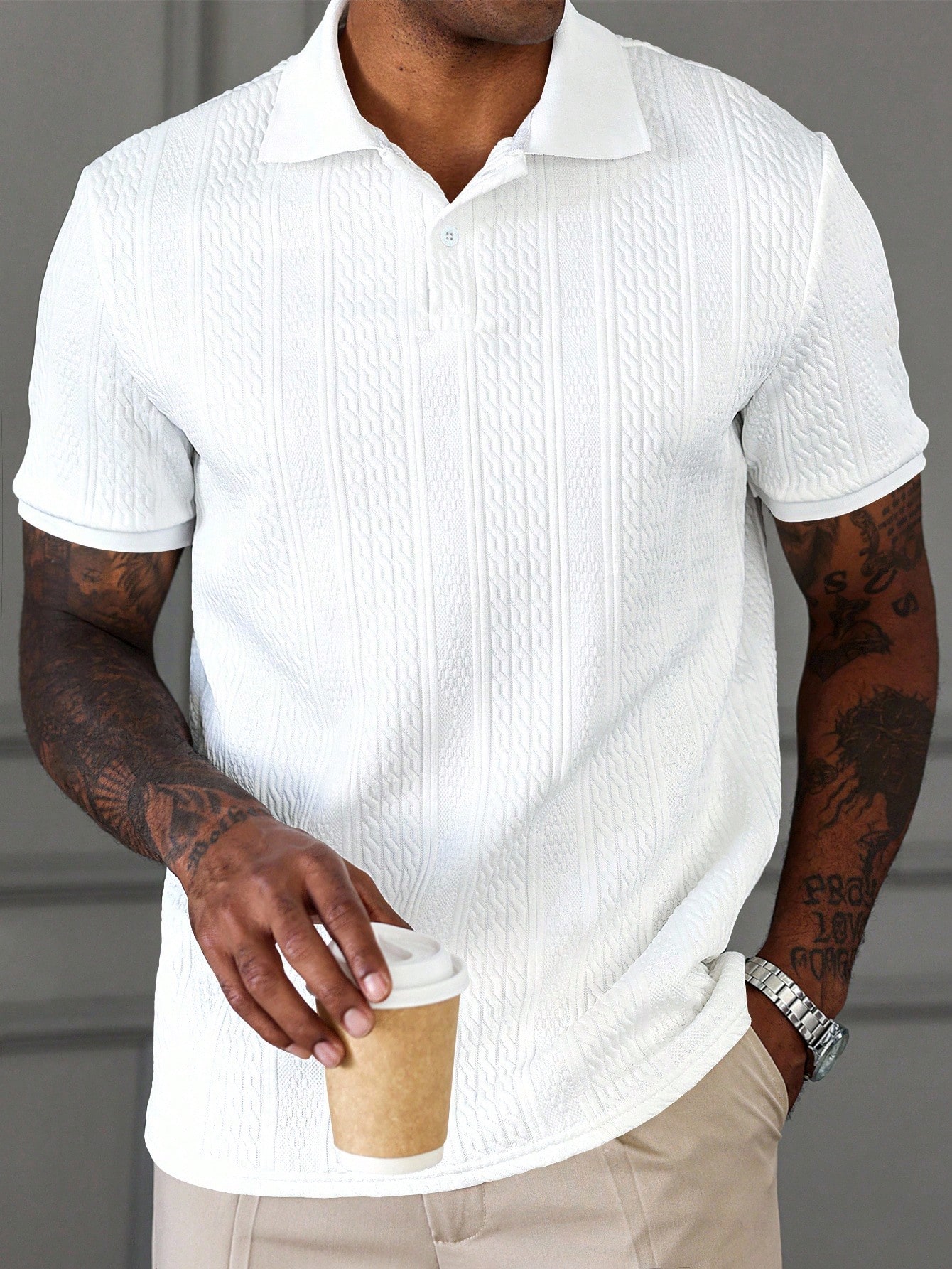 HUEFORM Men's White Geometric Striped Textured Casual Polo Shirt Polos For Men Men Clothes Men Polo Shirts Polo Shirts For Men Collar Polo T Shirt Men