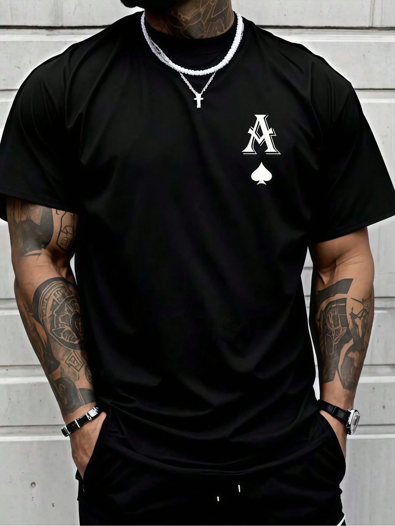 1 Pc Men's Clothing Ace Of Spades Printed Black Tshirt, Graphic Tee, Summer Tops, Shirt, Unisex Casual Crew Neck Tshirt, Plus Size Men's 5XL, Lightweight 220 G/M² Knitted Fabric, Machine Washable, Suitable For Spring/Summer/Autumn Wear, Christmas, Valentine's Day, New Year