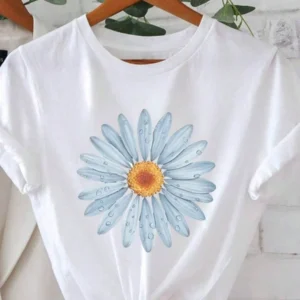 Women'S Casual Daisy Print T-Shirt | Short-Sleeved, Round-Neck, Lightweight And Breathable Summer Top, Bright Blue And White Design, Must-Have For Spring And Summer, Floral Print Shirt Anti-Wrinkle Cotton T-Shirt