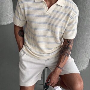 SLATEMANN Men's Blue And White Stripe Knitted Half-Zip Mesh Textured Short Sleeve Polo Shirt,Casual Summer Vacation Holiday Knit Crochet Shirt,Vintage Old Money