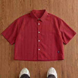 SWAVVY Men's Single-Breasted Polyester-Spandex Woven Yarn-Dyed Red And Black Striped Short Sleeve Shirt
