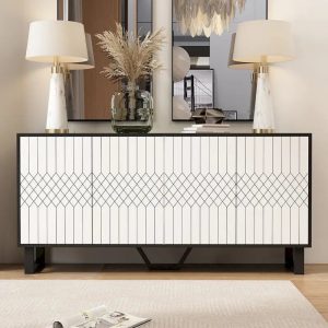 Contemporary 63-Inch Black and White Bookmatched Buffet with 4 Doors - Stylish Sideboard Table