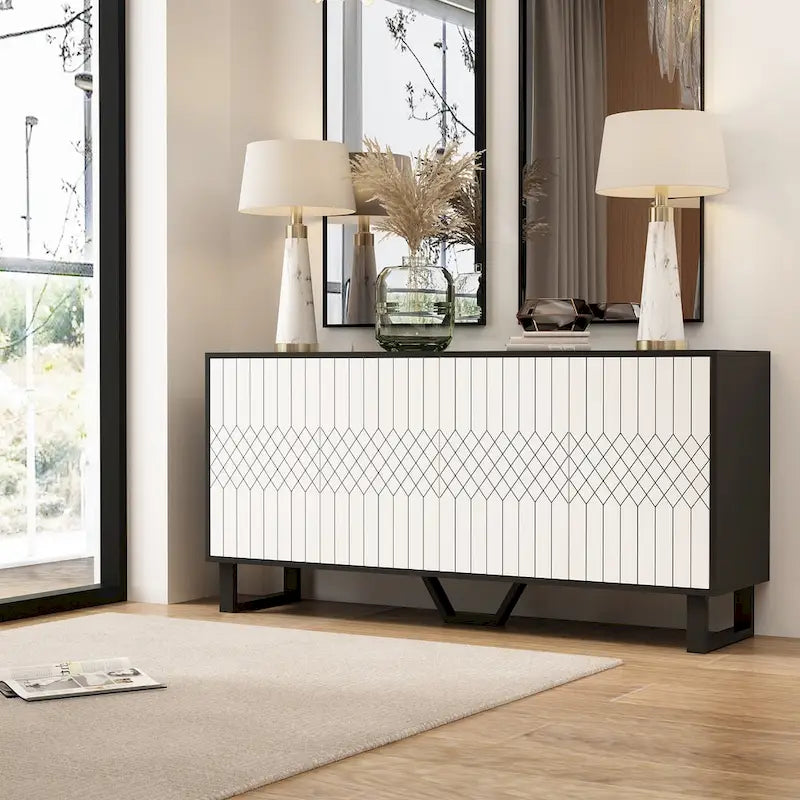 Contemporary 63-Inch Black and White Bookmatched Buffet with 4 Doors - Stylish Sideboard Table - Image 2