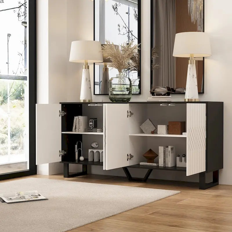 Contemporary 63-Inch Black and White Bookmatched Buffet with 4 Doors - Stylish Sideboard Table - Image 3