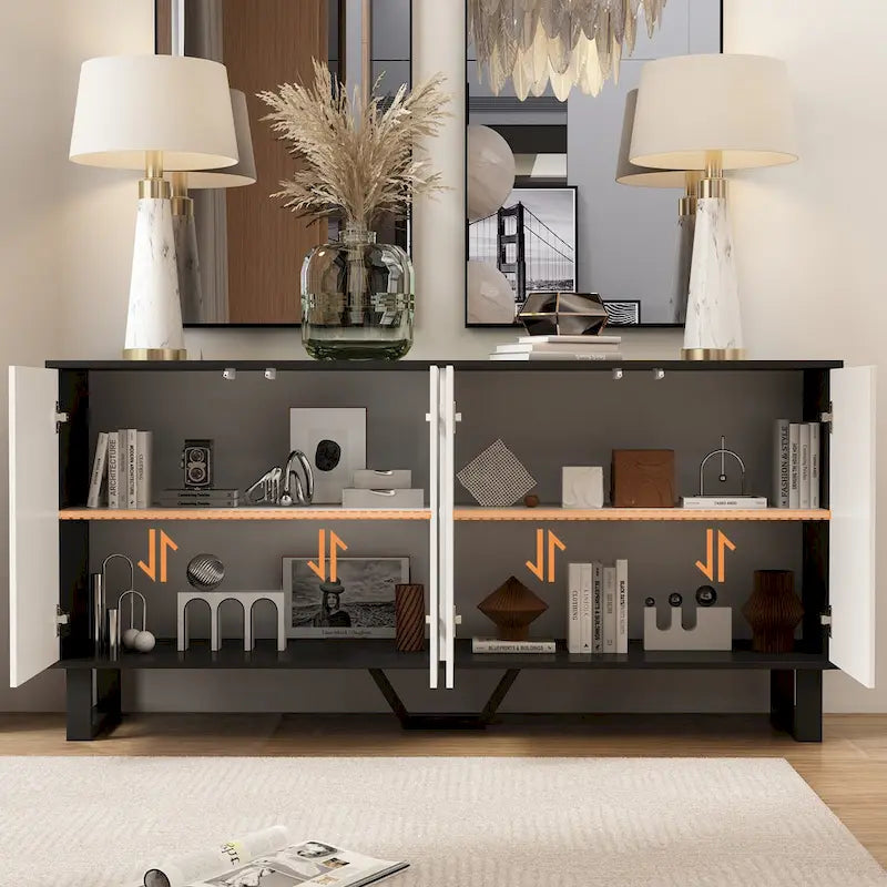 Contemporary 63-Inch Black and White Bookmatched Buffet with 4 Doors - Stylish Sideboard Table - Image 4