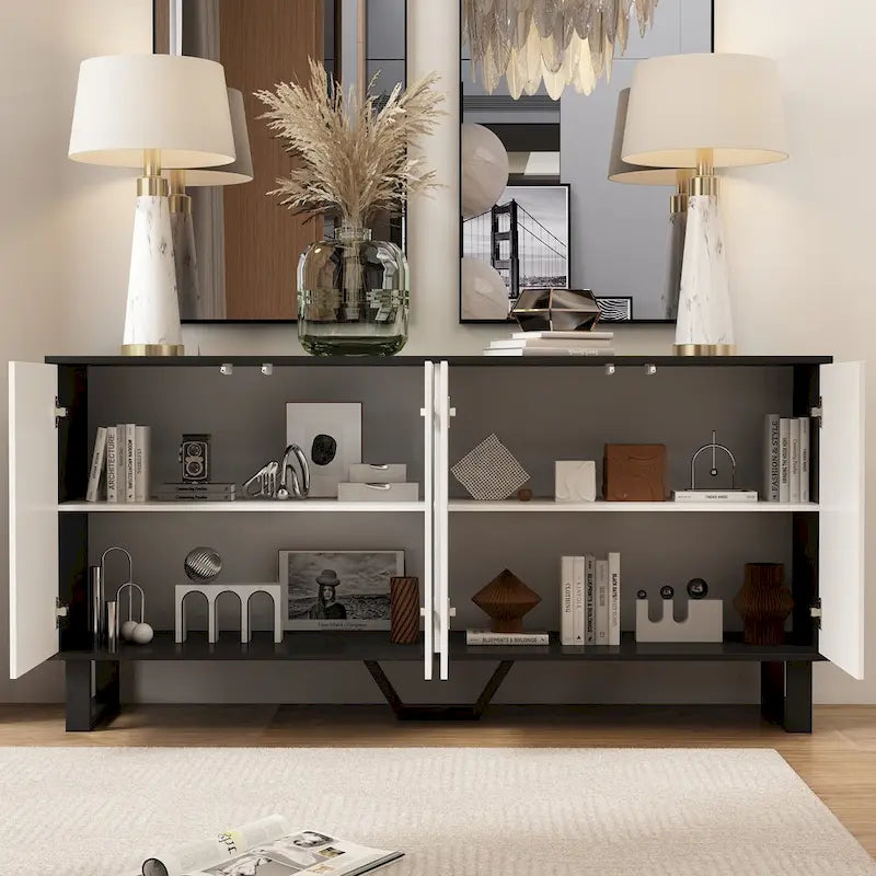 Contemporary 63-Inch Black and White Bookmatched Buffet with 4 Doors - Stylish Sideboard Table - Image 5