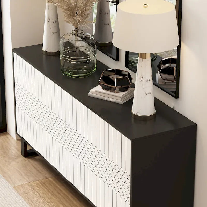 Contemporary 63-Inch Black and White Bookmatched Buffet with 4 Doors - Stylish Sideboard Table - Image 10