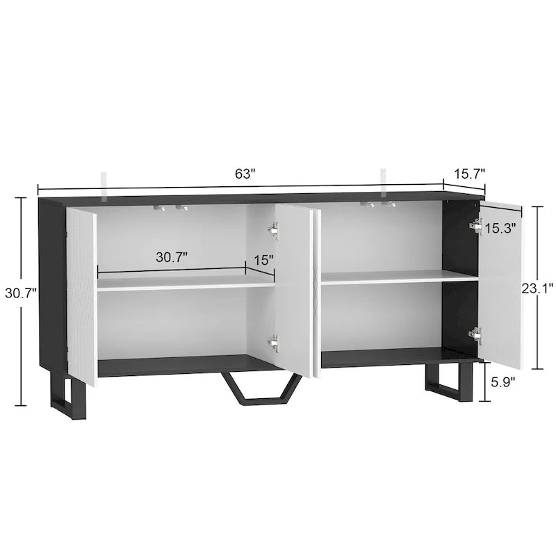 Contemporary 63-Inch Black and White Bookmatched Buffet with 4 Doors - Stylish Sideboard Table - Image 11
