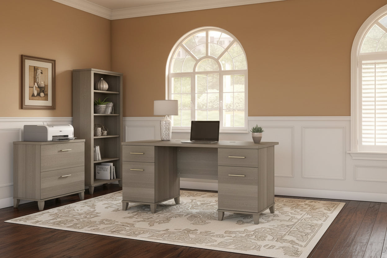 60-Inch Office Desk with Cabinet and 5-Shelf Bookcase