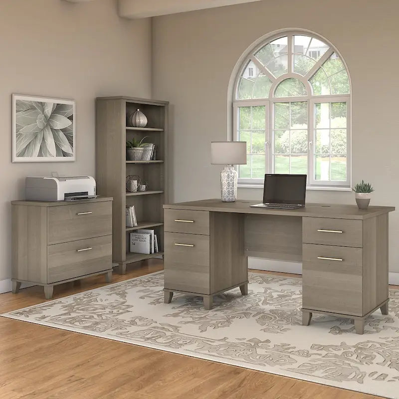 60-Inch Office Desk with Cabinet and 5-Shelf Bookcase - Image 8
