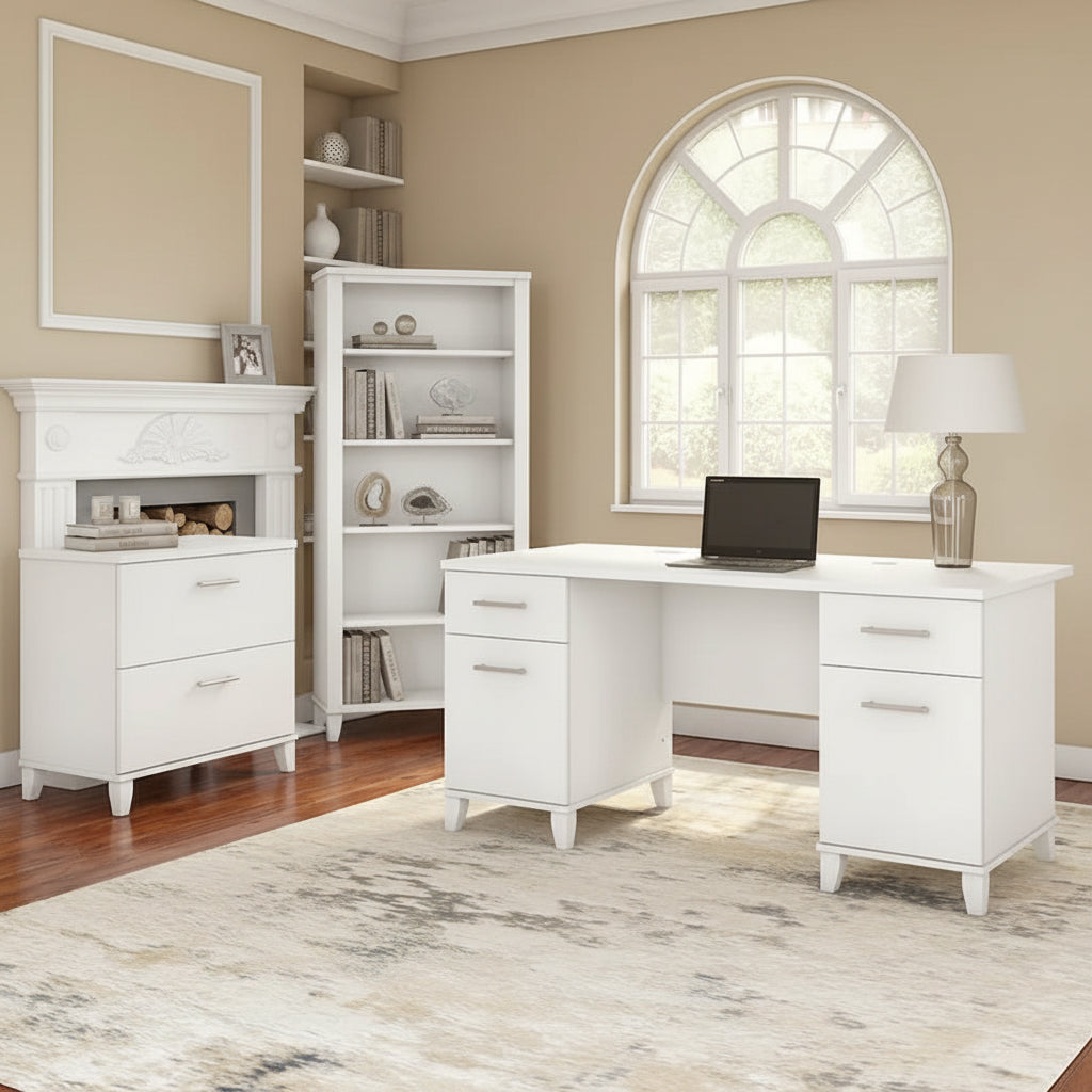 60-Inch Office Desk with Cabinet and 5-Shelf Bookcase - Image 9