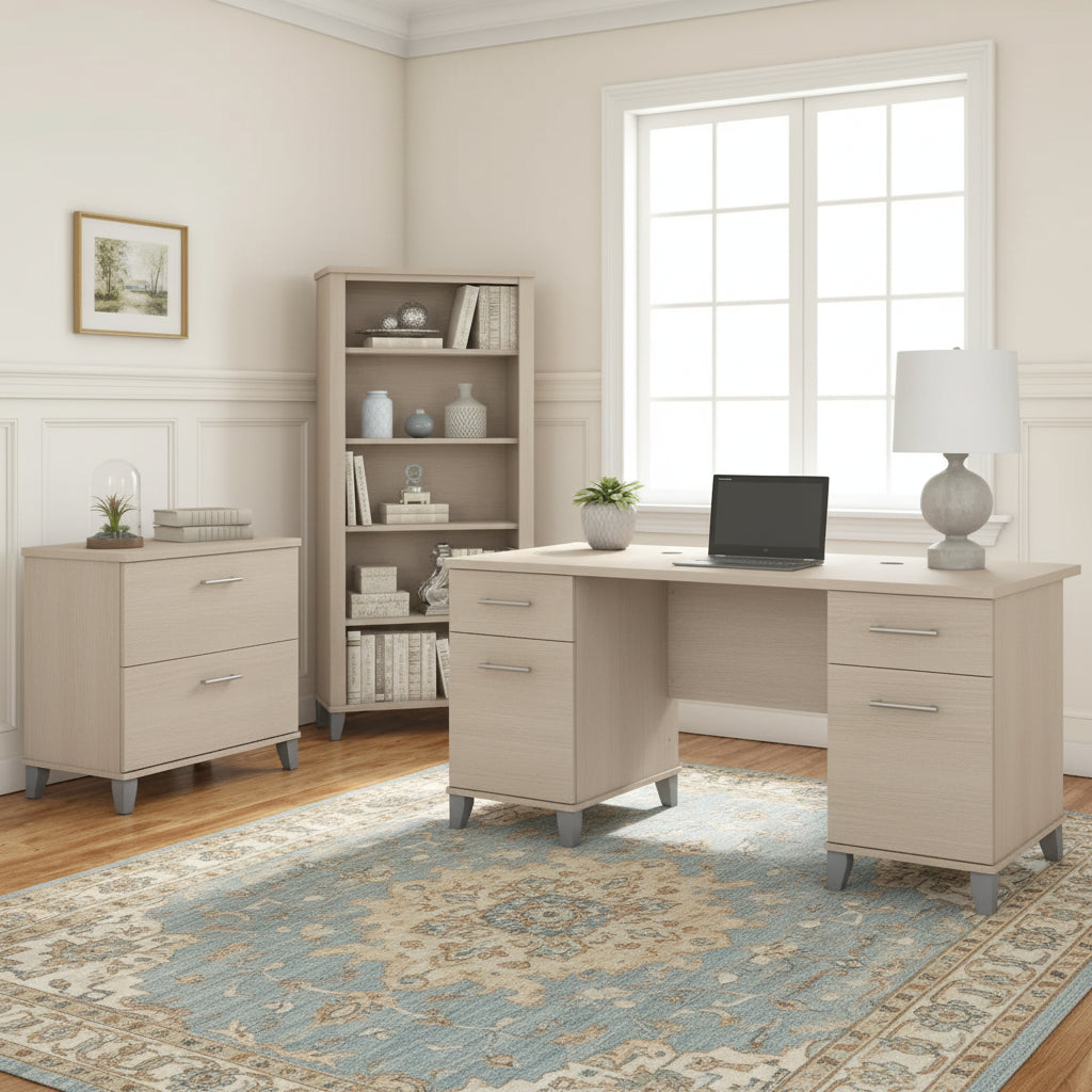 60-Inch Office Desk with Cabinet and 5-Shelf Bookcase - Image 16