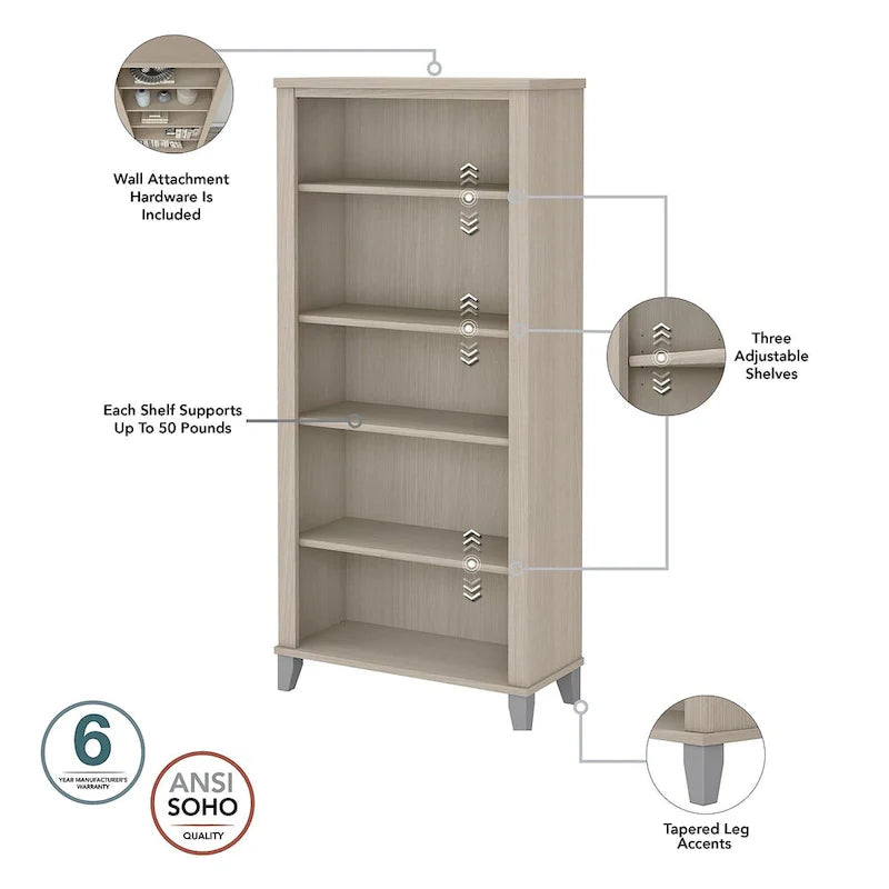 60-Inch Office Desk with Cabinet and 5-Shelf Bookcase - Image 20