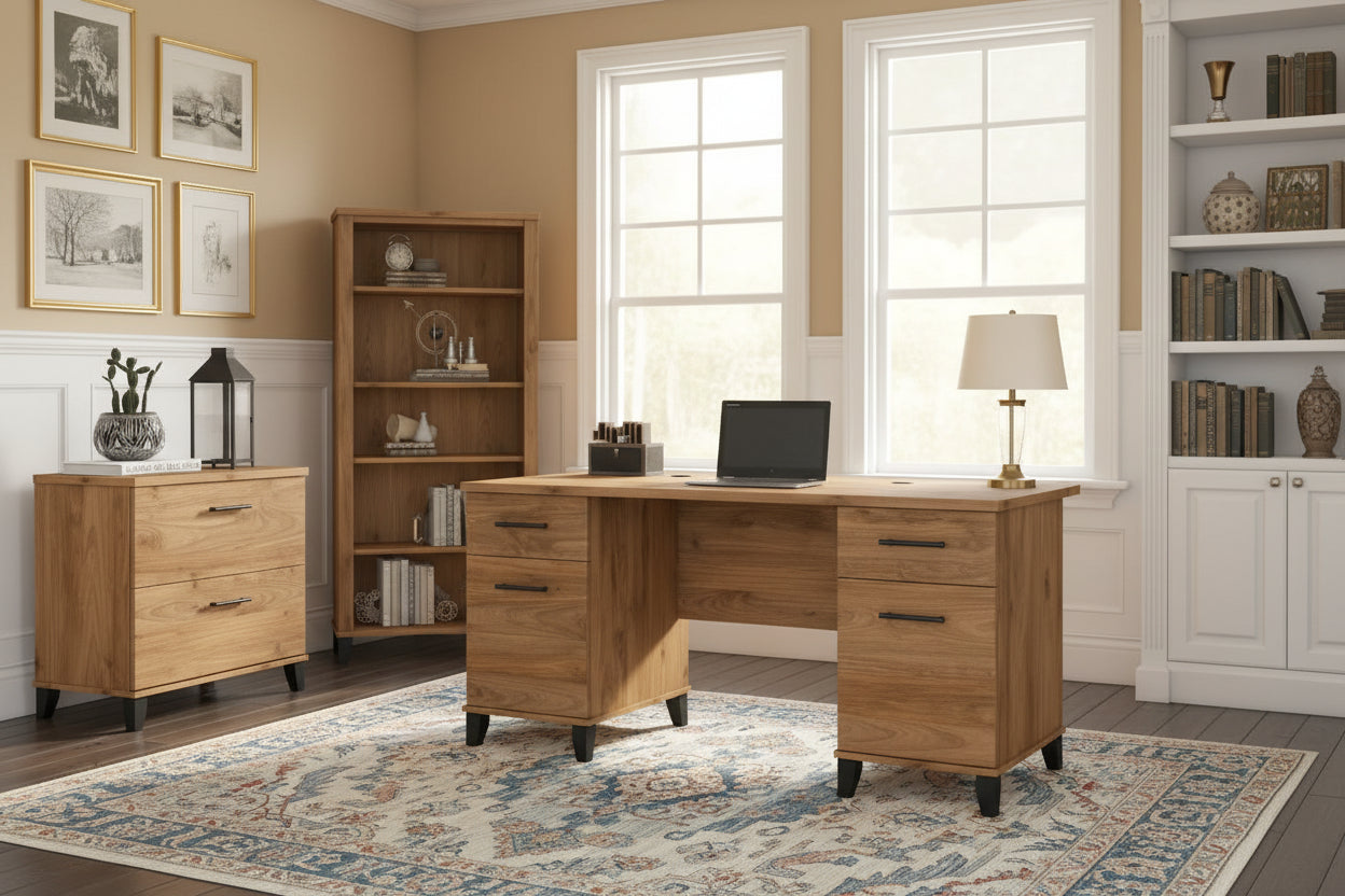 60-Inch Office Desk with Cabinet and 5-Shelf Bookcase - Image 23