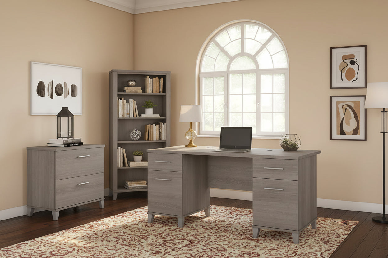 60-Inch Office Desk with Cabinet and 5-Shelf Bookcase - Image 30