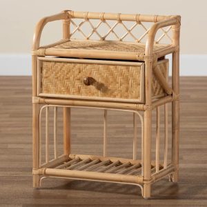 Modern Bohemian Natural Brown Rattan Nightstand with 1 Drawer by Kobie