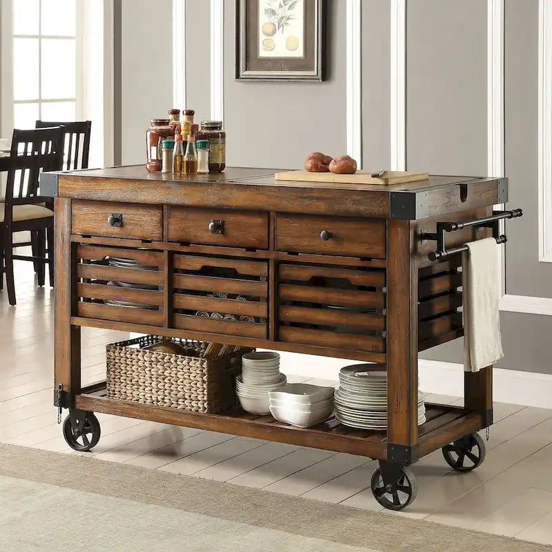 Distressed Chestnut Kitchen Cart with 3 Drawers - Image 2