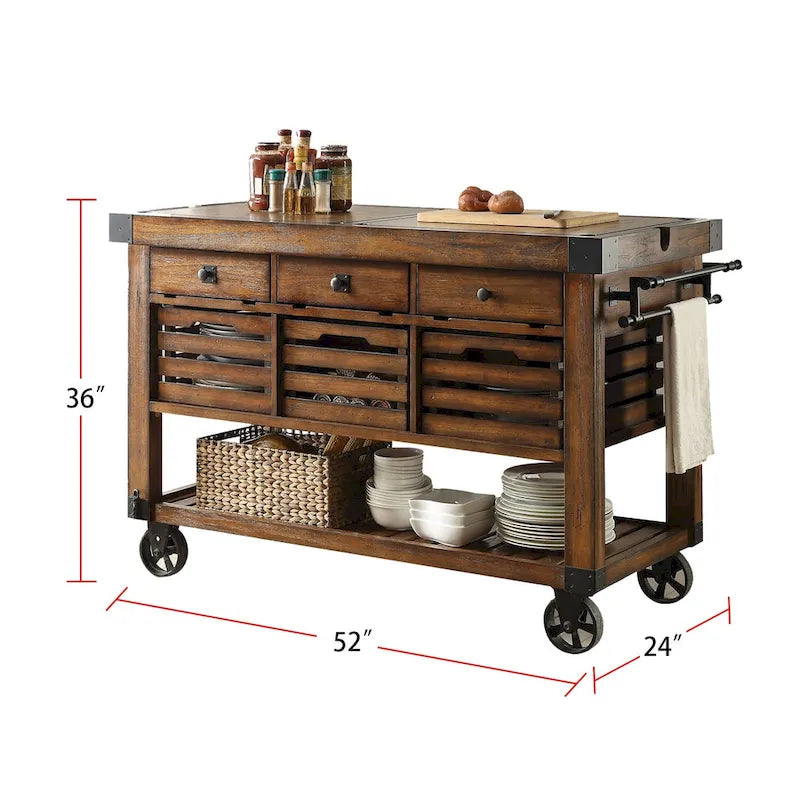 Distressed Chestnut Kitchen Cart with 3 Drawers - Image 3