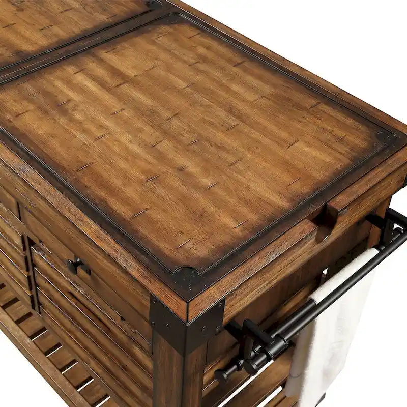 Distressed Chestnut Kitchen Cart with 3 Drawers - Image 5