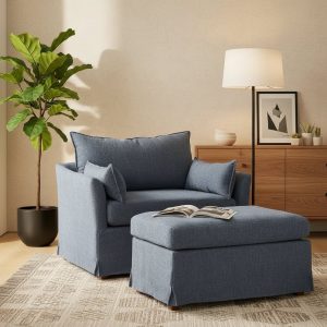 Sophie Contemporary Oversized Slipcovered Armchair and Ottoman with Lockable Rear Wheels