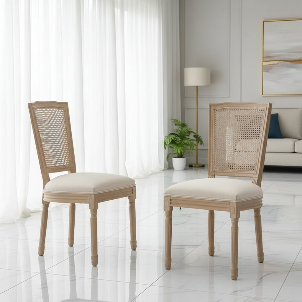 Set of 2 Antique Rattan-Back Dining Chairs with Solid Wood Frame