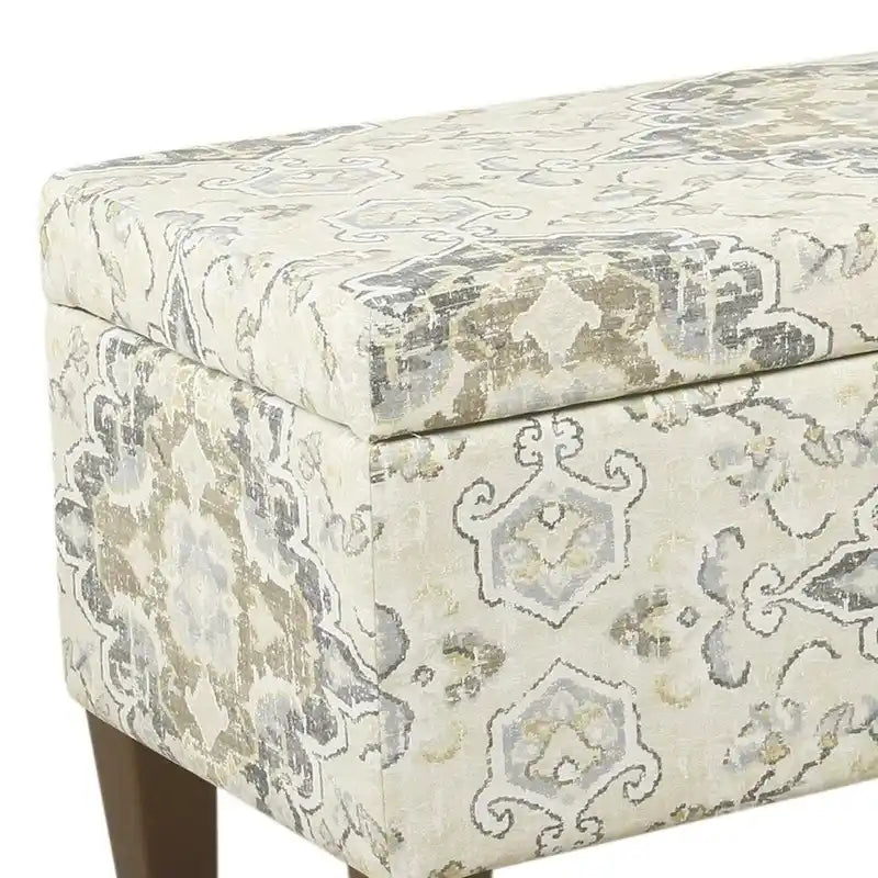 Large Brown and Cream Medallion Print Upholstered Wooden Bench with Hinged Storage - Image 2
