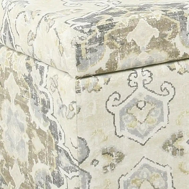 Large Brown and Cream Medallion Print Upholstered Wooden Bench with Hinged Storage - Image 4